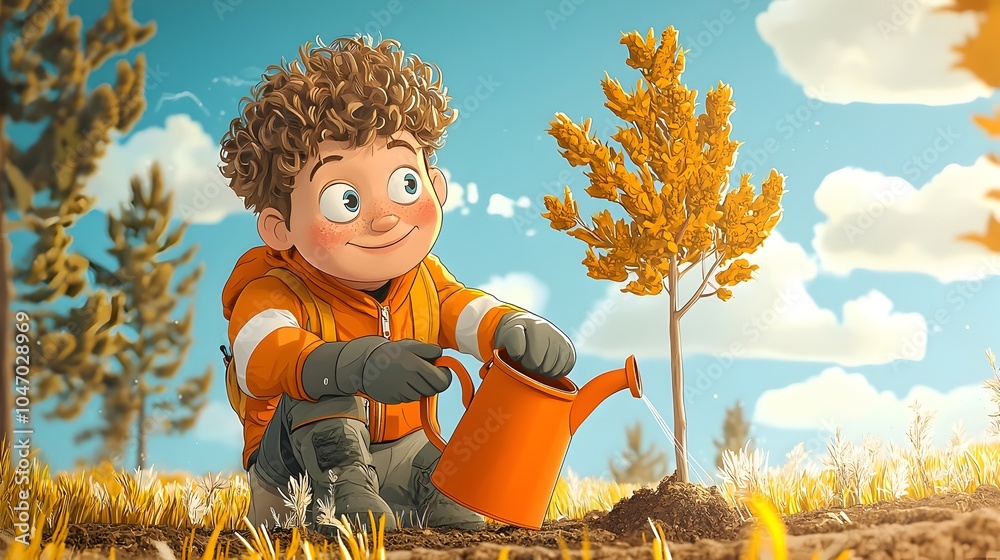 Poster Whimsical and imaginative of a cartoon environmental engineer character joyfully planting trees using a clay watering can symbolizing sustainability eco friendly practices