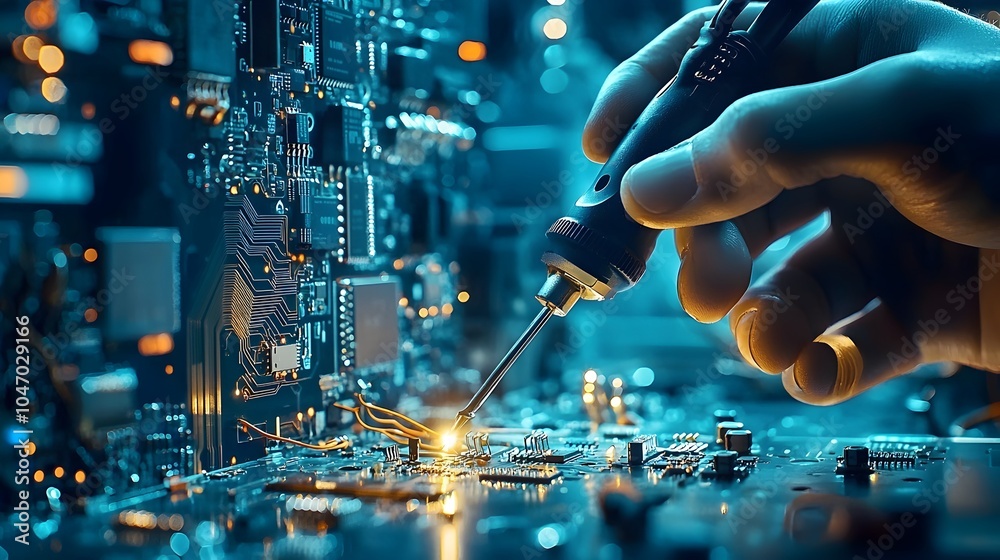 Poster A close up view of a hand holding a soldering iron with various electronic components such as wires and circuit boards visible indicating a process of repair construction or technological innovation