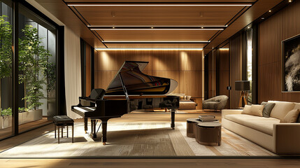 a modern music room featuring a grand piano minimalist