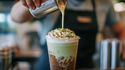 Artisan barista crafting iced coffee with pistachio milk in cafe setting