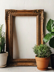 Fototapeta premium The blank wooden frame is adorned with flowers and green plants.