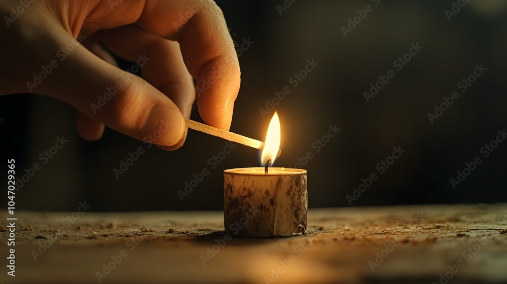 Poster a close up view of a hand lighting a candle with a match with the warm glowing flame illuminating th