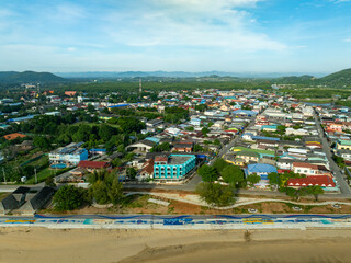 High angle view building, Aerial view of residential houses neighborhood and apartment building near the sea