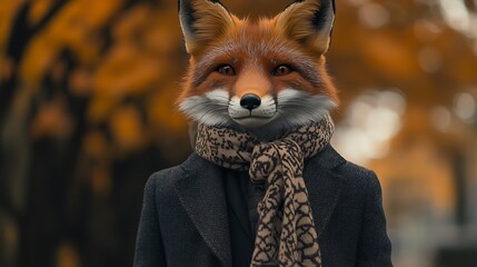 Fox wearing a tailored coat and patterned scarf looking stylish