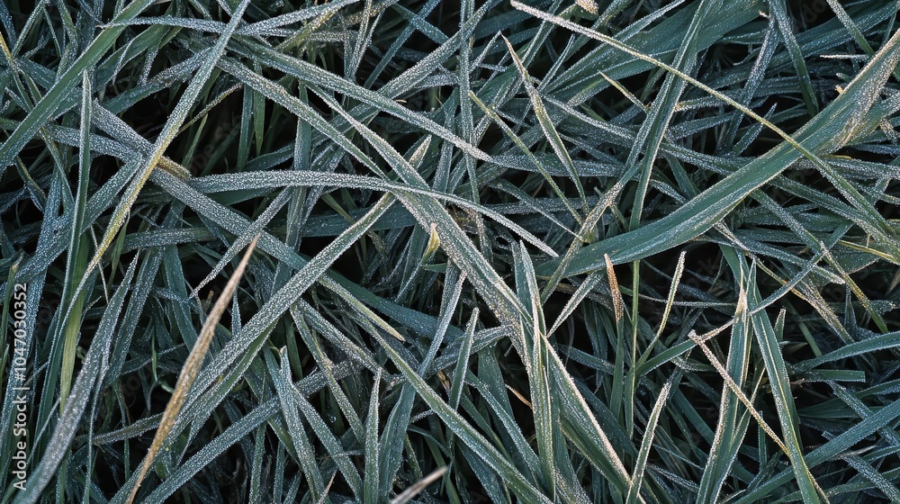 Wall mural a close-up of dew-kissed grass in the early morning, featuring tiny insects among the blades.