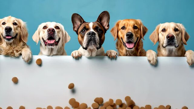 Cute and funny dogs peeking out from behind a white blank banner. Dry pet food falls from above.