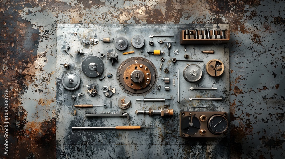 Aufkleber An assortment of precision engineering tools including a ruler caliper wrench screwdriver and pliers neatly arranged on a metal surface