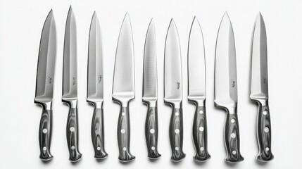 A set of stainless steel kitchen knives arranged neatly, isolated on white background.