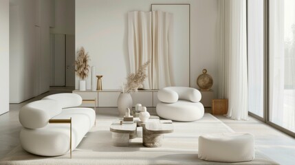 A luxurious minimalist lounge adorned with a white canvas backdrop, Opulent yet understated furniture selection, Luxury minimalist style