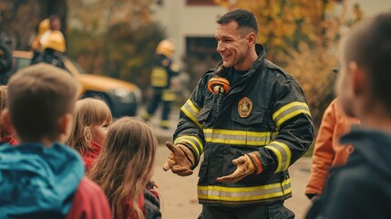 Fire Prevention Education: Firefighter teaching children about fire safety in community event