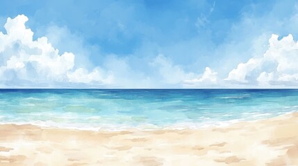 Peaceful sandy beach scene, painted in soft watercolors, with the horizon and clear skies creating a serene, relaxing outdoor view.