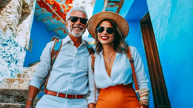 A man and woman are posing for a picture on a blue wall. The man is wearing a white shirt and the woman is wearing an orange dress. They both have sunglasses on and are smiling