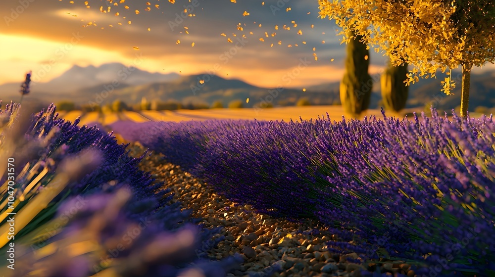 Aufkleber breathtaking landscape of a lavender field bathed in the soft golden glow of the setting sun creatin