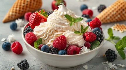 A bowl of white ice cream topped with fresh berries and mint, with waffle cones in the background.