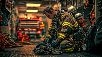 Firehouse Life: A firefighter preparing gear for the next call