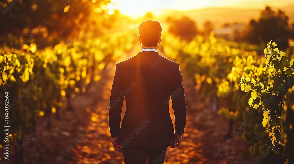 Poster senior executive walking through a vineyard during a luxury wine-tasting retreat enjoying the scenic