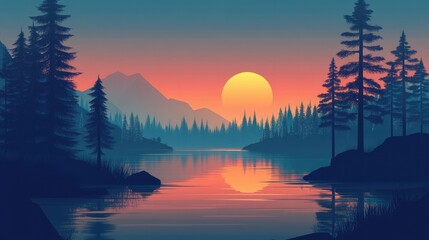 Obraz premium A tranquil sunset over a mountain lake, with silhouettes of trees and a peaceful atmosphere, inviting reflection and relaxation.