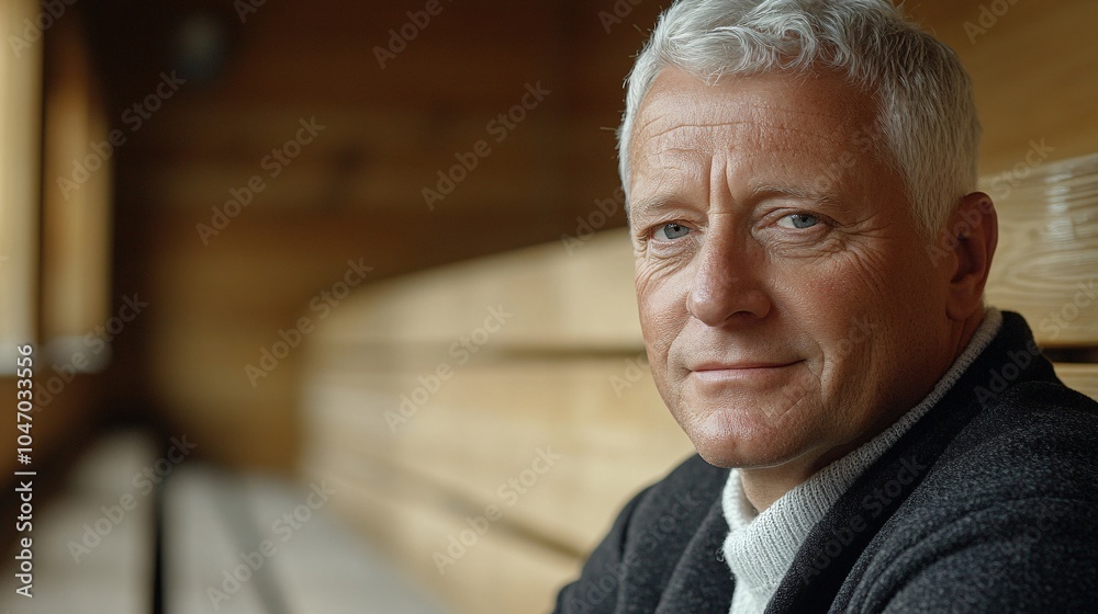 Poster senior executive relaxing in a luxury sauna with soft lighting and a serene atmosphere creating a se