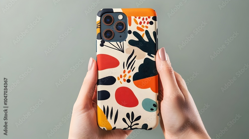 Poster Close up of hands presenting an phone case with intricate geometric patterns and abstract textures  The case showcases a modern creative and visually appealing design