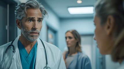 A concerned male doctor in a white coat and stethoscope listens intently to a female colleague in a hospital hallway.