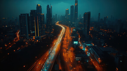 Obraz premium Aerial view of skyscrapers and busy streets