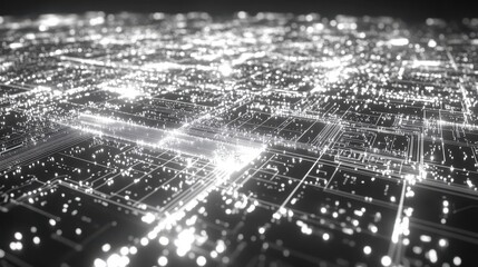 Obraz premium A digital circuit board texture with glowing lines and nodes, perfect for tech designs.