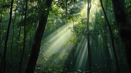 Fototapeta premium A dense forest with towering trees and sunlight filtering through, casting dappled shadows.