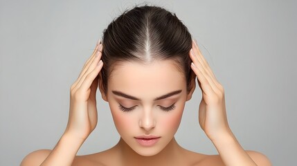 Fototapeta premium Close up portrait of a woman with smooth glowing skin and delicate baby hairs framing her face in a soft wispy hairstyle for a polished refined and youthful aesthetic