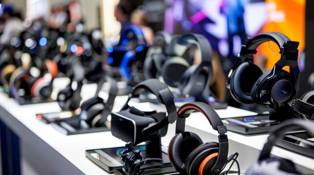 Variety of headphones and vr headsets are lined up on a display in an electronics store, showcasing the latest in audio and virtual reality technology