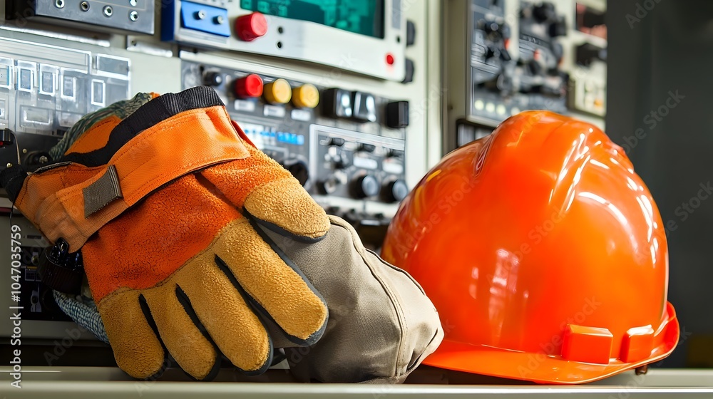 Poster close up view of a pair of sturdy work gloves and a bright yellow hard hat resting on an industrial 