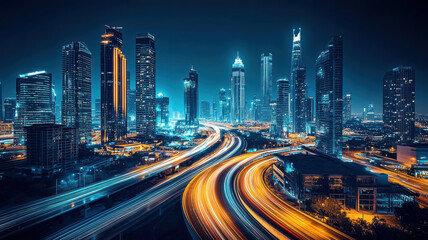 Fototapeta premium Cars on the highway with blue and yellow light trails