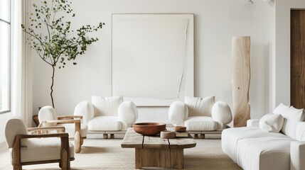 A minimalist and serene living room design accentuated by a white canvas backdrop, Simple yet stylish minimalist furniture, Zen-inspired style