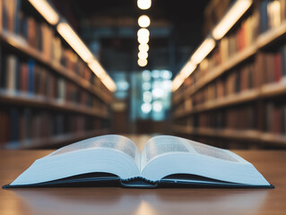 Otwarta książka w dużej bibliotece