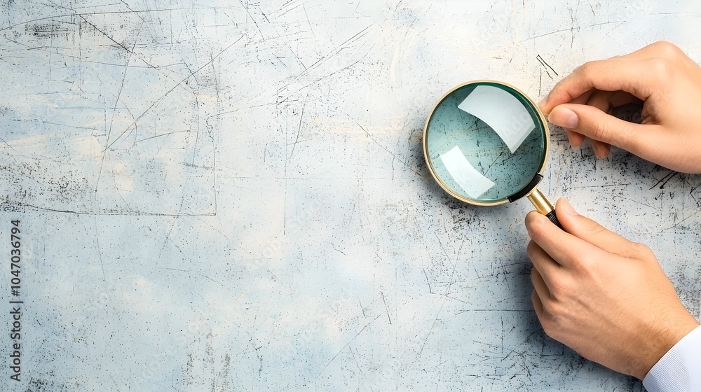 Poster closeup of hands holding a magnifying glass focusing intently on a small object for detailed inspect
