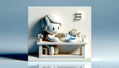 3D Glossy Image Man Feeding Fish Bowl Concept with Copy Space for Text Advertising Pet Enthusiasts