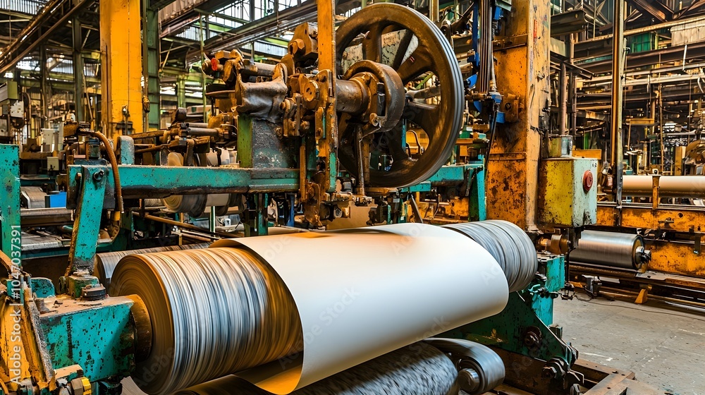 Poster closeup view of a smooth textured paper surface being pressed through large industrial rollers as pa