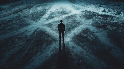A figure standing at a crossroads, looking uncertain with faint paths branching in multiple directions.