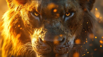 Majestic Lion Portrait with Golden Bokeh Light Close Up, Powerful African Wildlife Photo, Fierce Animal Stare, Wild Nature Photography.