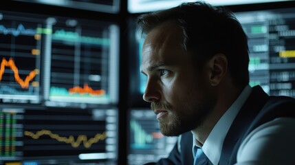 A financial advisor discussing investment options with clients, with stock charts and graphs displayed in the background.