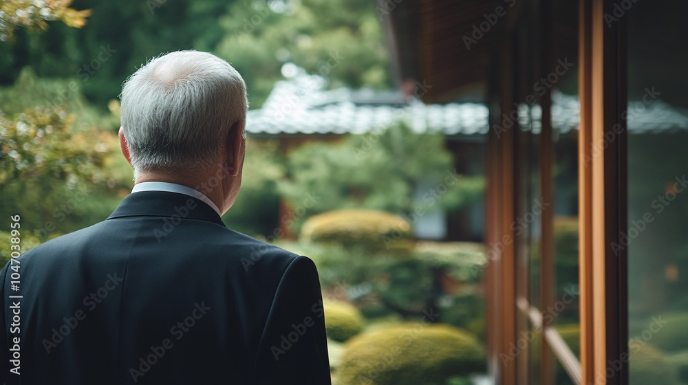 Poster senior executive walking through a tranquil japanese garden with traditional architecture creating a