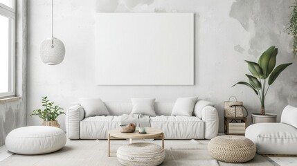 A minimalist and serene living room design accentuated by a white canvas backdrop, Simple yet stylish minimalist furniture, Zen-inspired style
