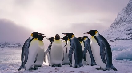 Obraz premium A group of penguins huddling together on an icy beach, with a snowy landscape in the background.