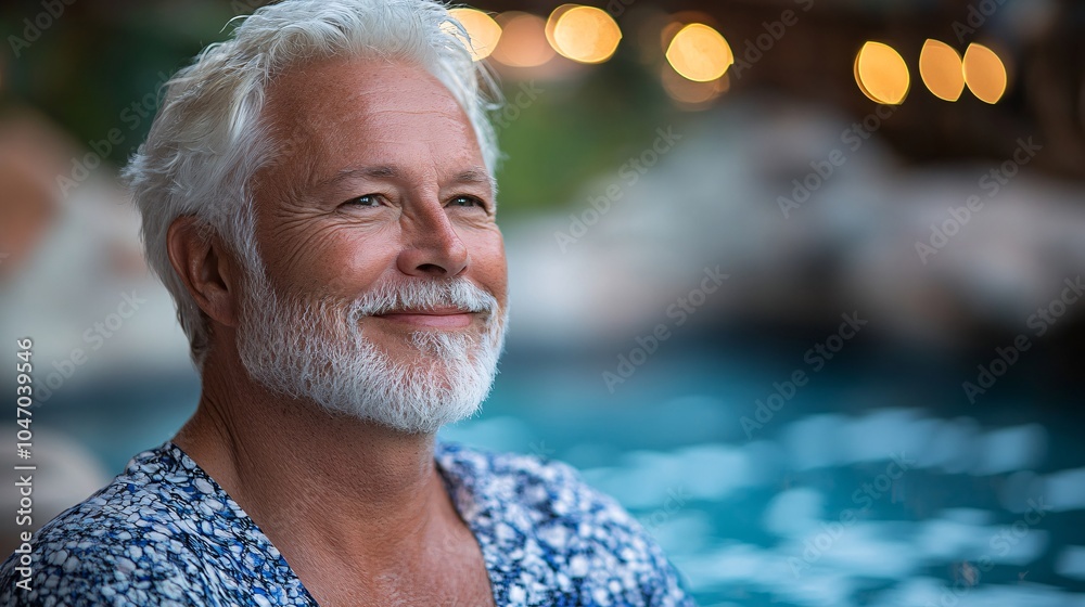 Poster senior executive enjoying an exclusive luxury spa retreat with soft ambient lighting and calming mus