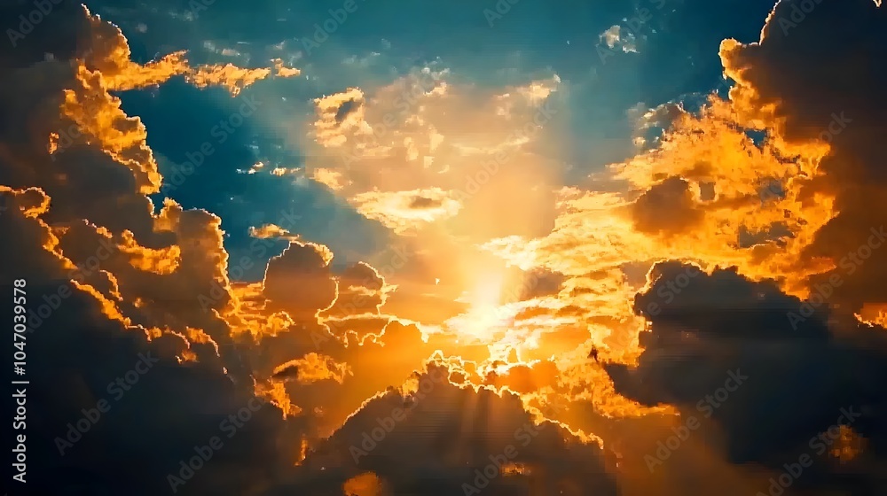 Poster Dramatic and Captivating Sky Landscape with Sunrays Bursting Through Storm Clouds Creating a Moody and Ethereal Atmosphere