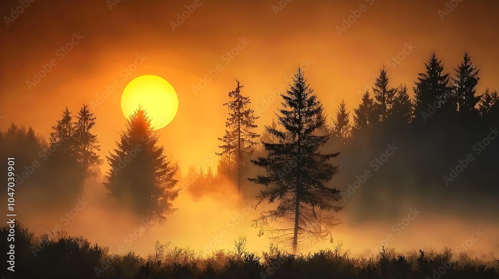 Poster dramatic landscape with the sun as a fiery orange disk emerging through the mist over a dense myster