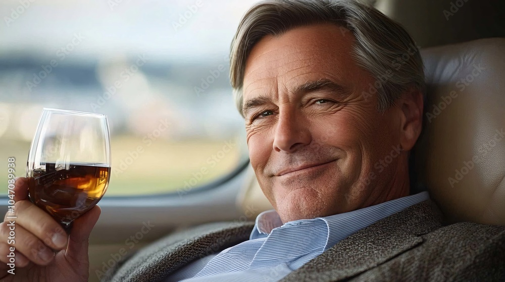 Poster senior executive enjoying a private jet experience with luxurious seating and gourmet refreshments d