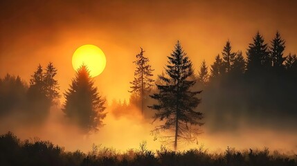 Fototapeta premium Dramatic landscape with the sun as a fiery orange disk emerging through the mist over a dense mysterious forest The misty atmospheric scene creates a serene and calming mood