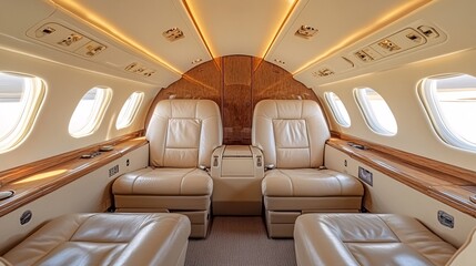 Fototapeta premium Senior executive enjoying a private jet experience with luxurious seating and gourmet refreshments during a relaxing flight Stock Photo with side copy space