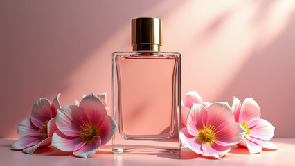 Pink flower petals scattered around a bottle of perfume, set against a pink background with sunlight.