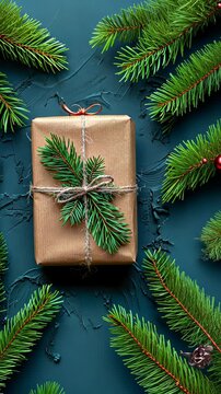 gift wrapped in eco-friendly brown paper, adorned with twine and a natural pine branch, creating a festive and sustainable holiday packaging design